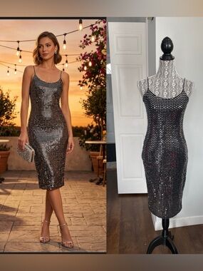NWT Disco Ball Silver Bodycon Midi Party Dress. Stretchy. Size 8. Made in UK ✨